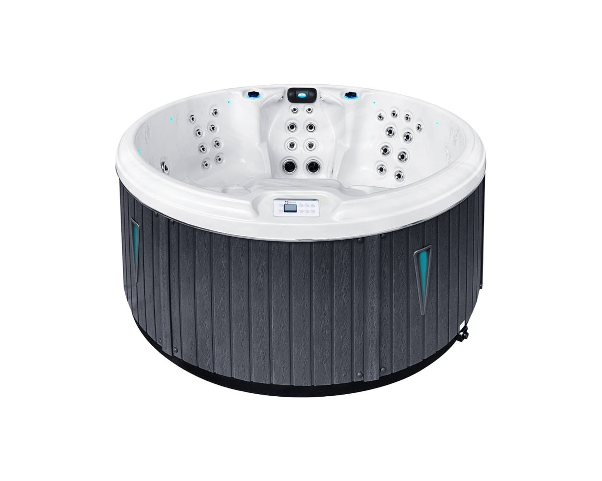 Recharge round hot tub with white interior and gray cabinet, featuring multiple jets and ergonomic seating - Passion Spas Hot Tubs