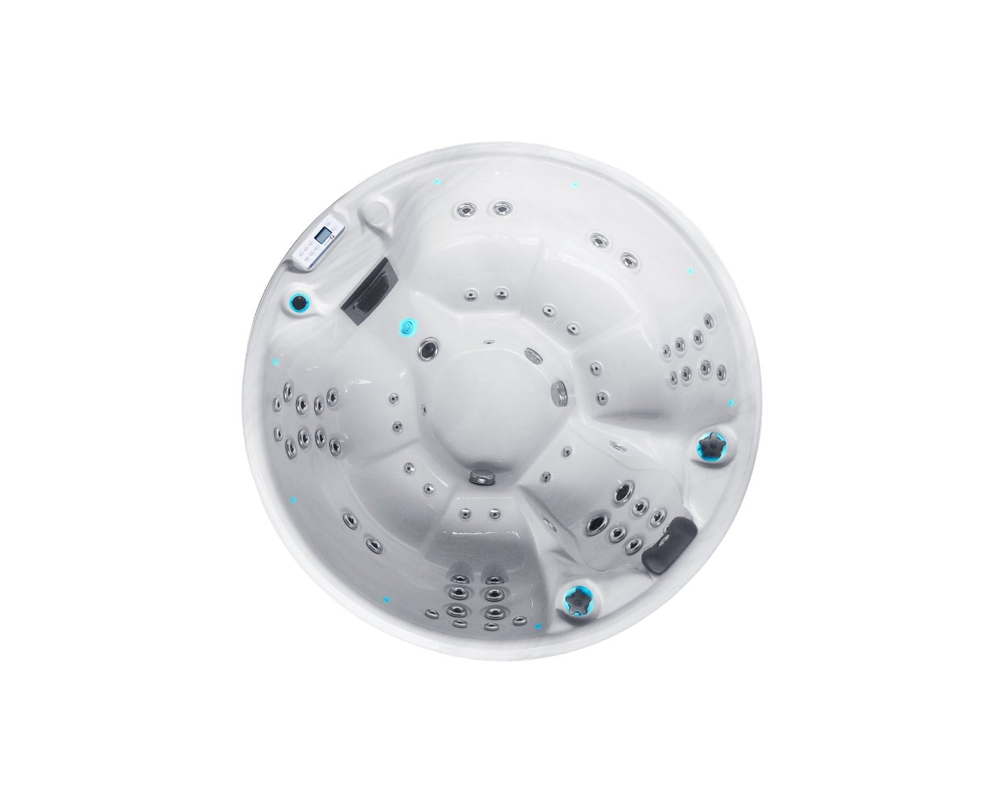 Recharge round spa interior view showing multiple jets and ergonomic seating for 5 people - Pure Collection by Passion Spas