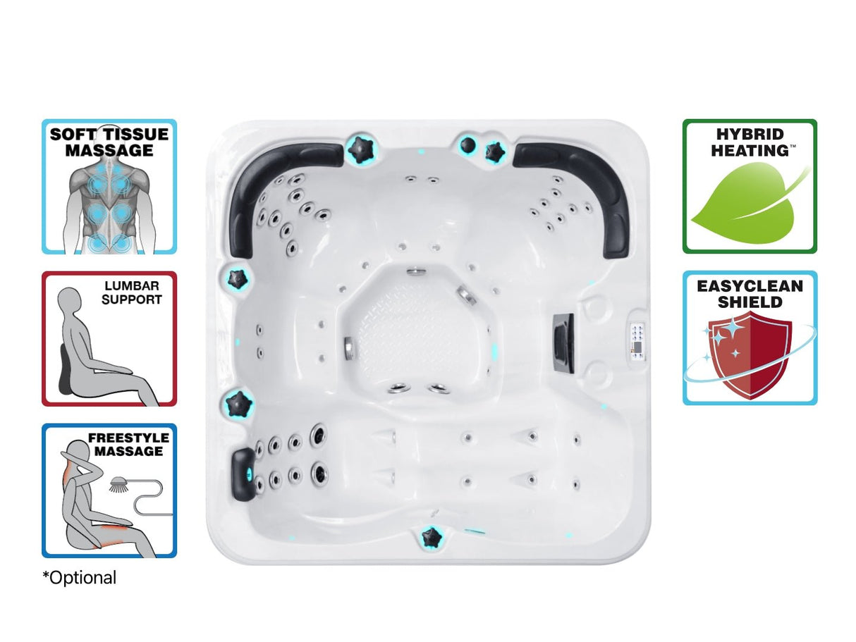 Refresh 5-person hot tub with therapeutic jets, LED lighting and ergonomic seating shown from above - Passion Spas Pure Collection Hot Tubs