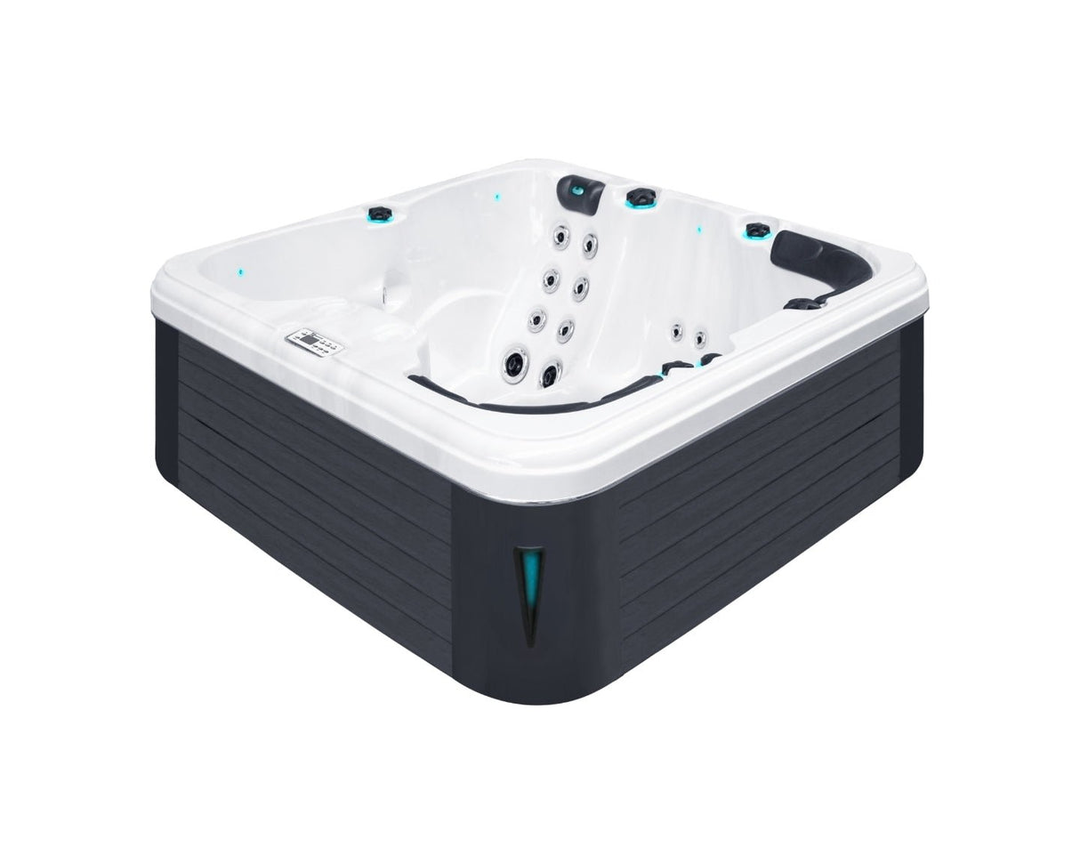 Modern white Refresh 5-person hot tub with black cabinet, LED lighting and therapeutic jets - Passion Spas Pure Collection Hot Tubs