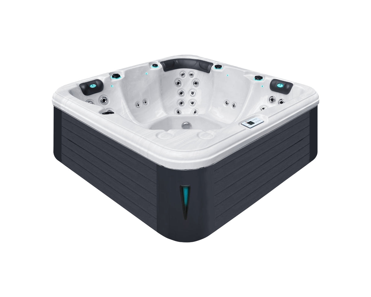 Relax 6-person luxury hot tub with white interior, black exterior panels and adjustable jets by Passion Spas Pure Collection Hot Tubs
