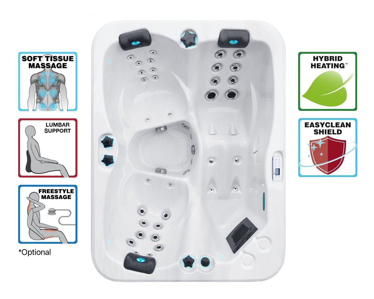 Renew 3-person compact spa with ergonomic seats, therapeutic jets, and hybrid heating system shown in white - Passion Spas Pure Collection