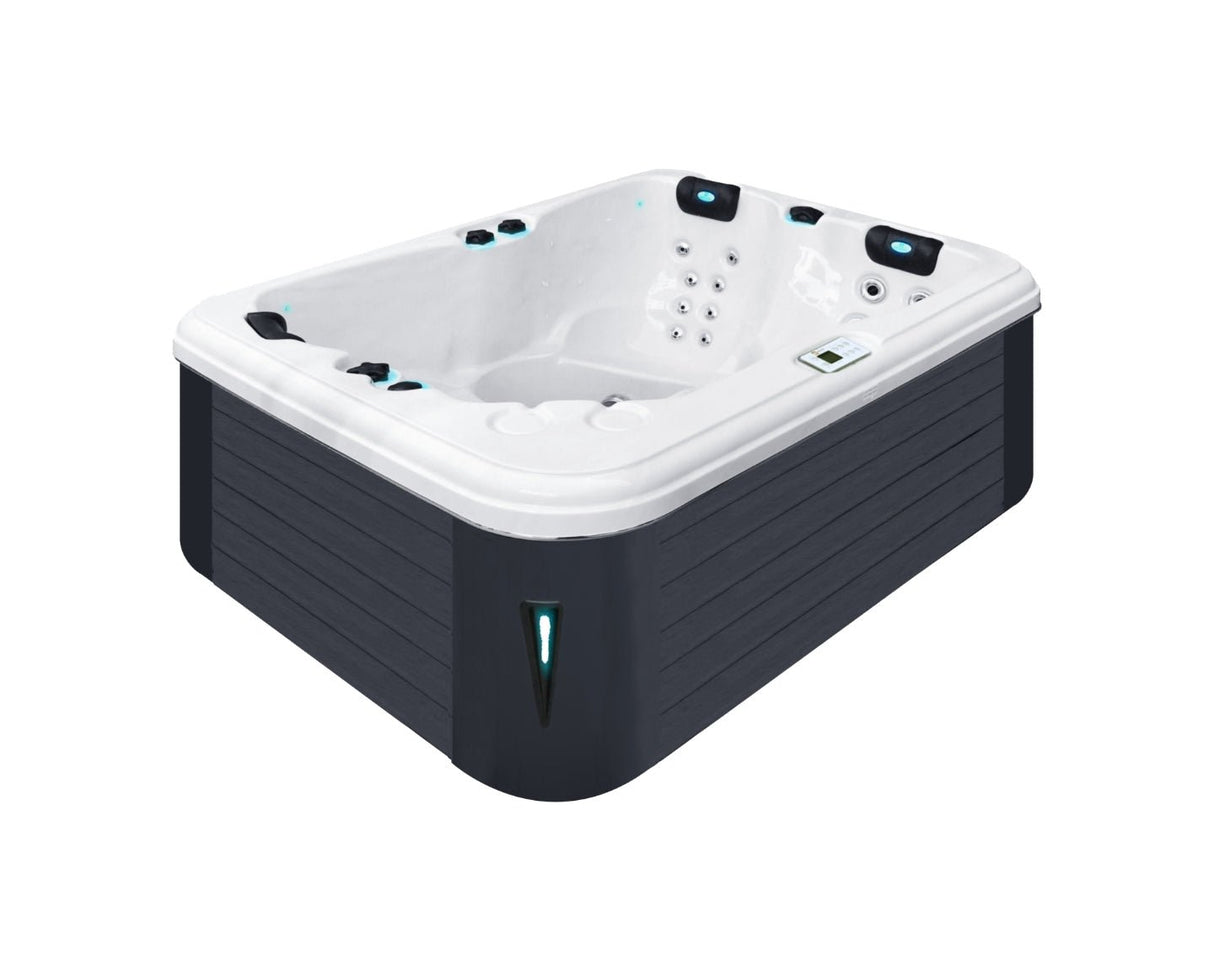 Renew 3-person compact hot tub with white interior and dark cabinet, featuring ergonomic seats and therapy jets - Passion Spas Pure Collection