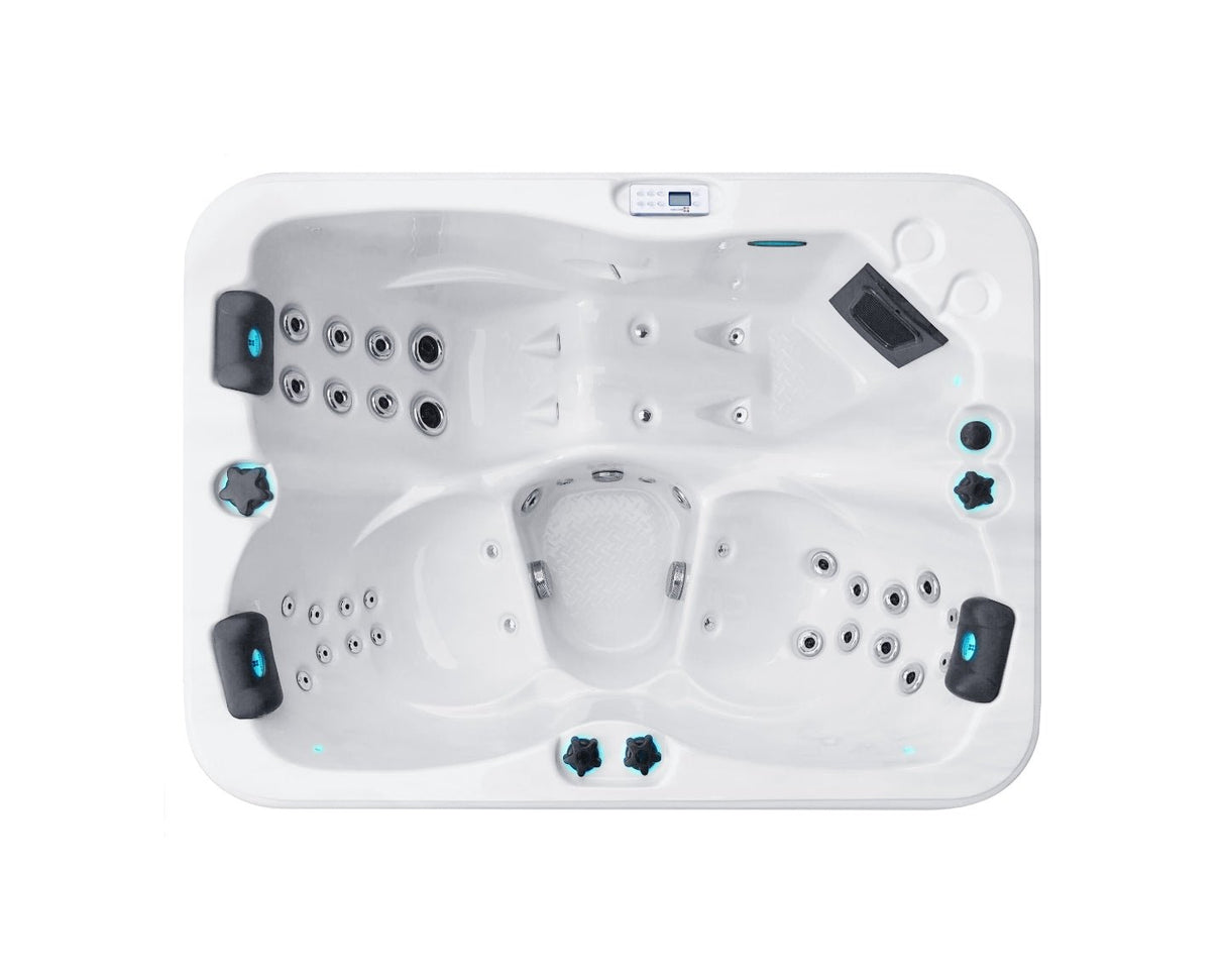 Renew 3-person compact hot tub with ergonomic seats and therapeutic massage jets in white, featuring sleek design - Passion Spas Pure Collection Hot Tubs