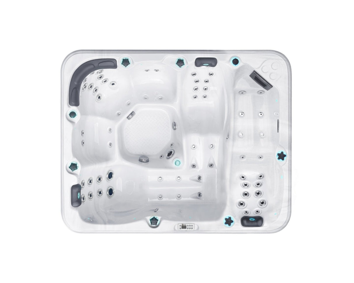 Modern white Repose spa with three ergonomic loungers and hydrotherapy jets, showcasing luxurious interior - Passion Spas Pure Collection