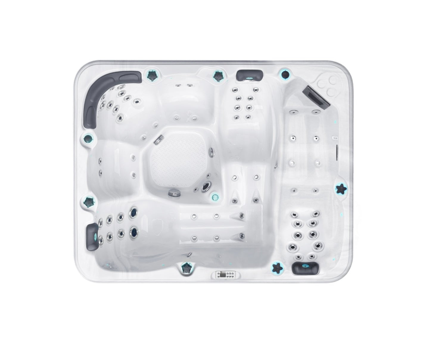 Modern white Repose spa with three ergonomic loungers and hydrotherapy jets, showcasing luxurious interior - Passion Spas Pure Collection