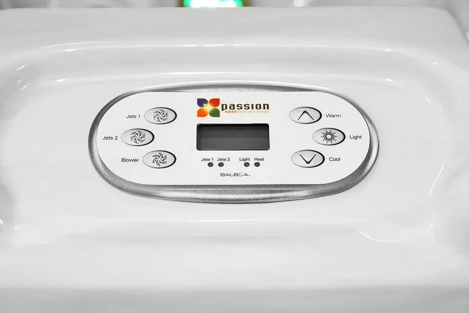 Digital control panel of Pleasure spa showing massage, light and temperature settings - Passion Spas Signature Collection Hot Tubs
