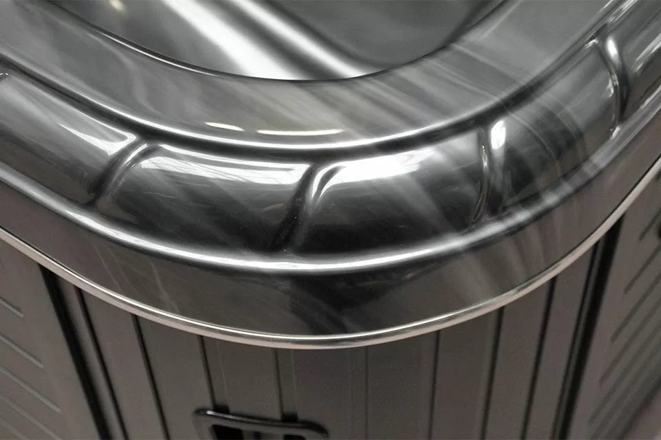 Sleek stainless steel curved detail of Refresh spa hot tub showing premium finish and modern design - Passion Spas Pure Collection Hot Tubs