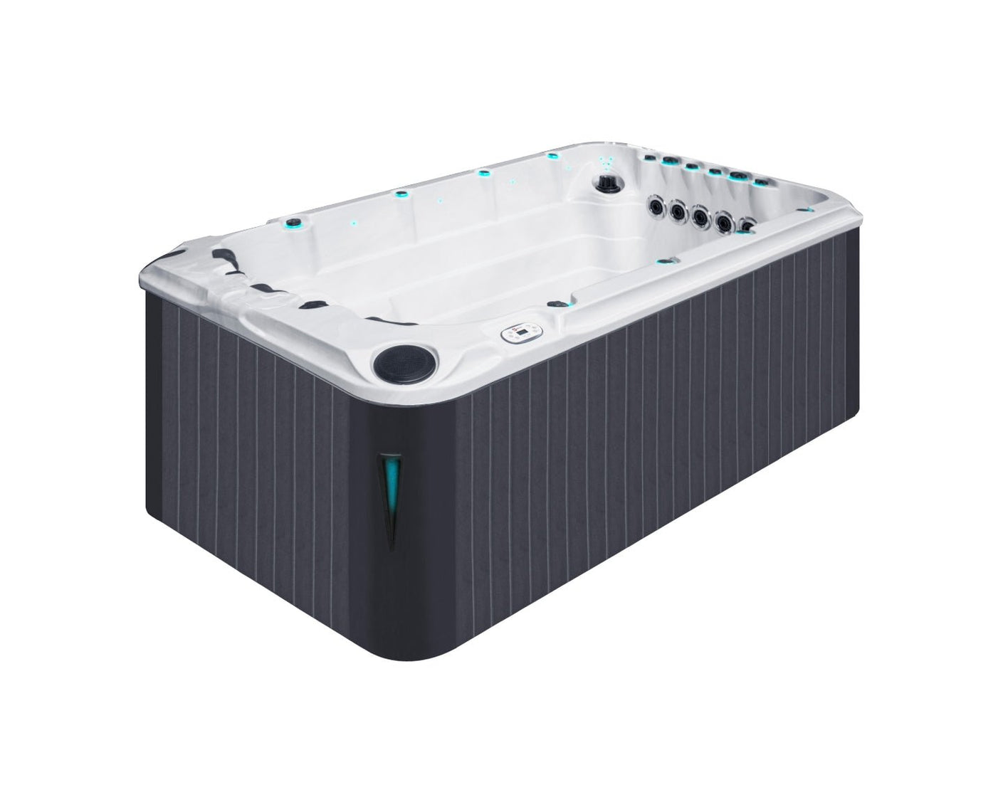 Activity 1 Deep modern swim spa with white interior and dark gray exterior, featuring LED lighting and multiple jets - Passion Spas Swim Collection