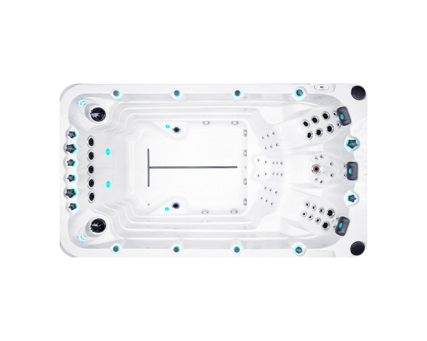 Overhead view of Dynamic Swim spa Activity 1 showing white shell, jets layout and swimming area - Passion Spas Swim Collection