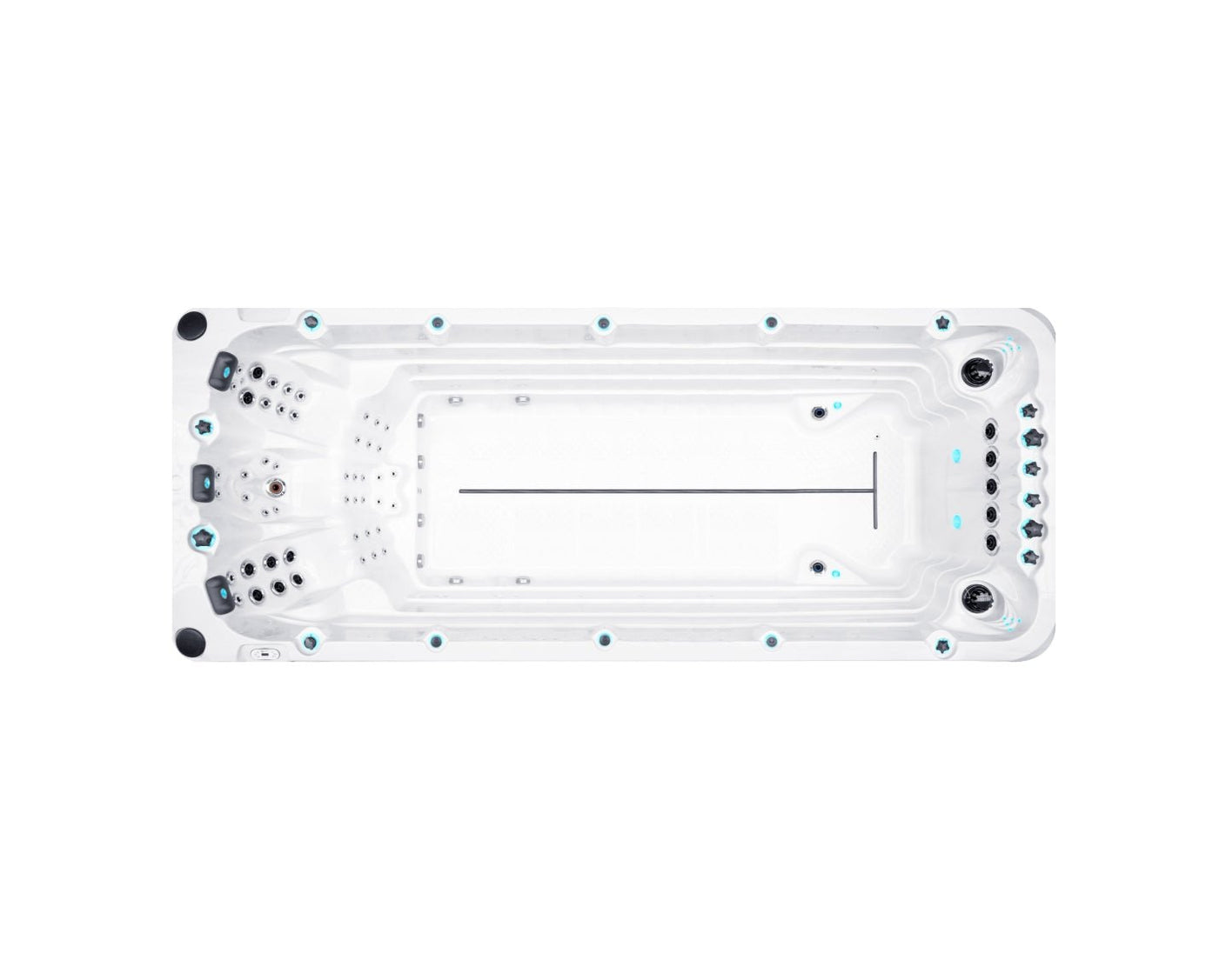 Aerial view of Activity 2 Deep swim spa showing sleek white design with dual therapy zones and River Swim System - Passion Spas Swim Collection